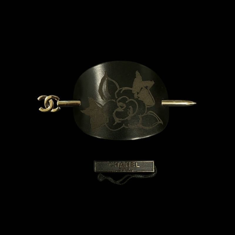 CHANEL Camellia Hair Pin, Black, With Box