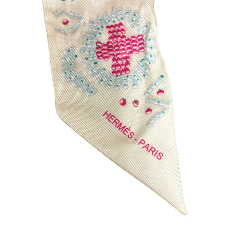 HERMES Cream & Pink Tone Twilly Scarf With Tag & Box