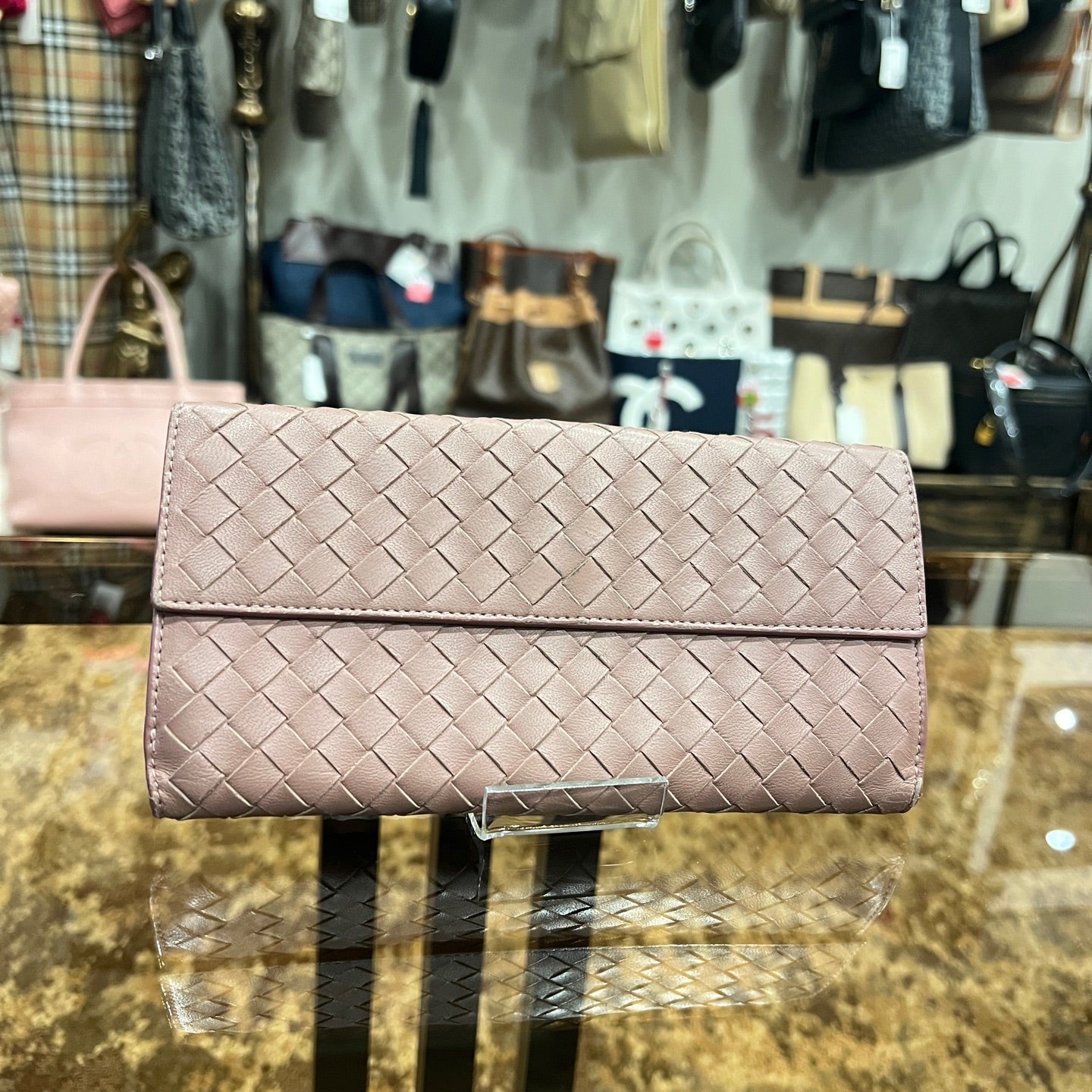 BOTTEGA VENETA Brown Long Wallet, Calf Leather, Intrecciato Weave