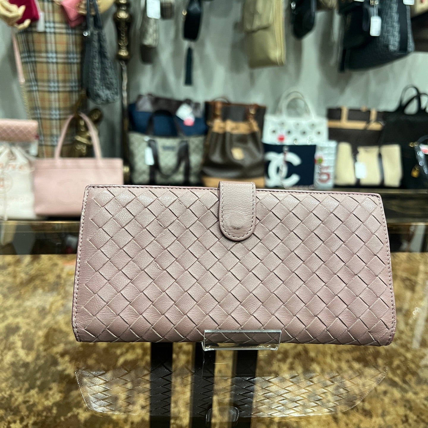 BOTTEGA VENETA Brown Long Wallet, Calf Leather, Intrecciato Weave