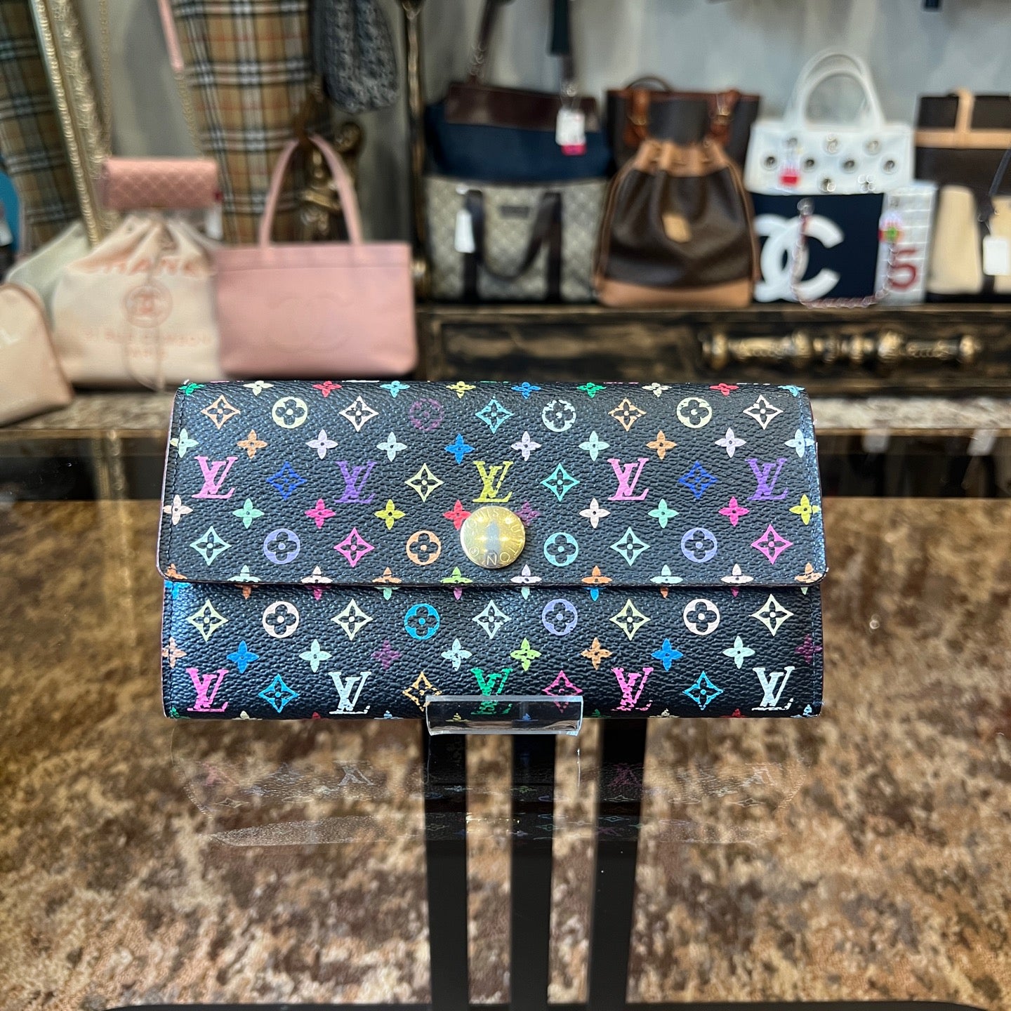LOUIS VUITTON Multicolore Long Wallet, Black, with LY Initials, PVC-Coated Canvas