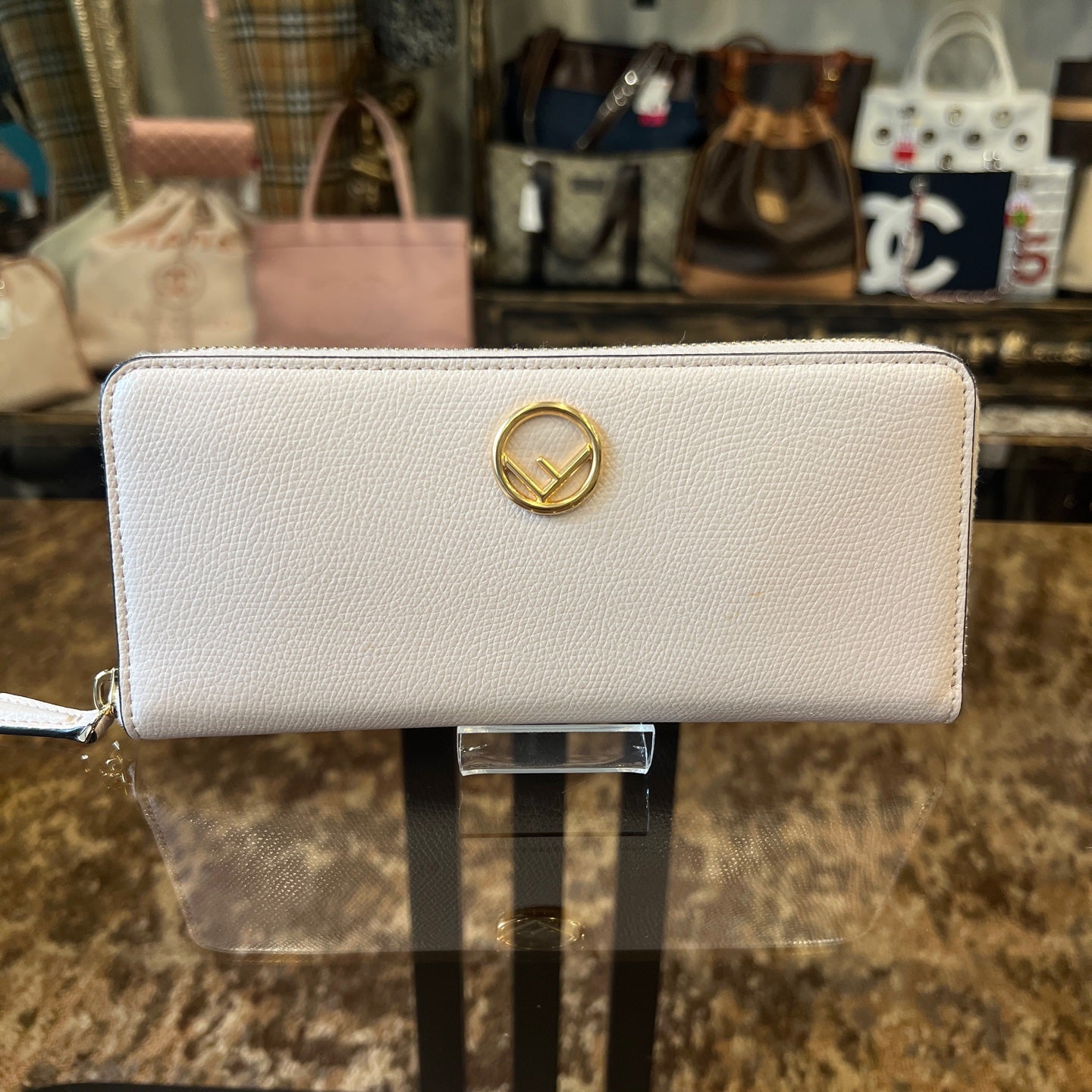 FENDI Beige Pink Wallet, Gold Hardware, with Dust Bag and Box