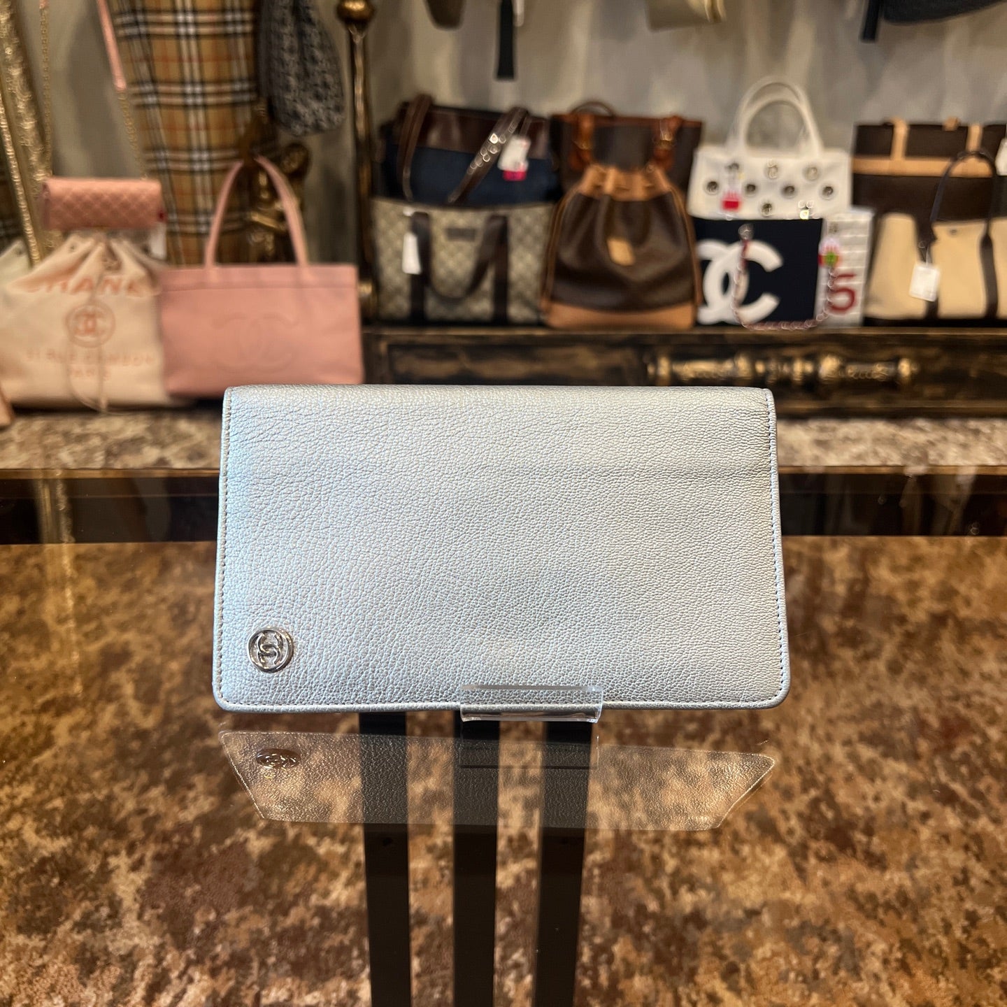 CHANEL Long Vertical Wallet, Lambskin, Silver, Serial Number Starting with "11", Includes Guarantee Card