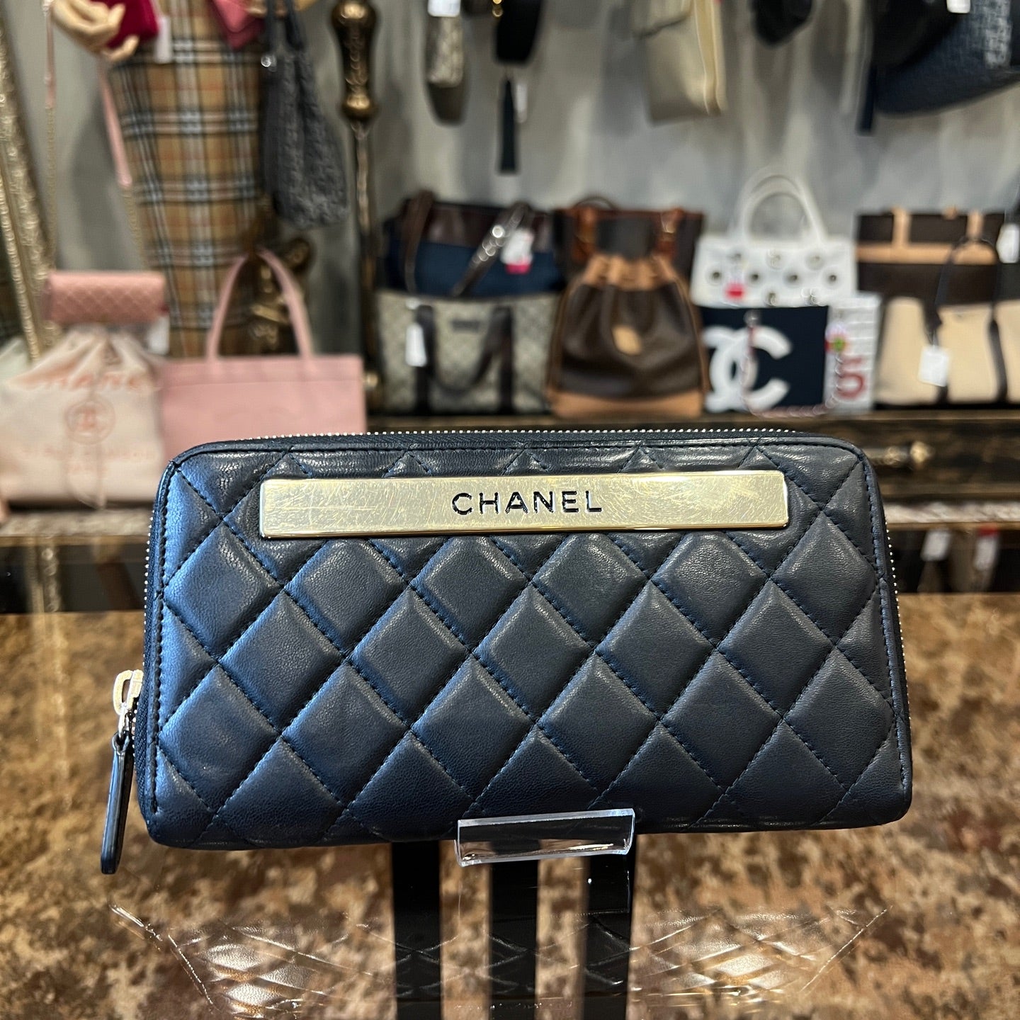 CHANEL Black Lambskin Quilted Long Wallet with Gold Hardware