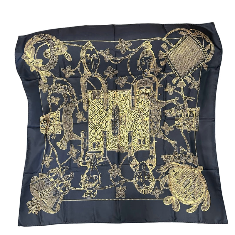 HERMES silk scarf, black, with box and tags, ethnic girl pattern