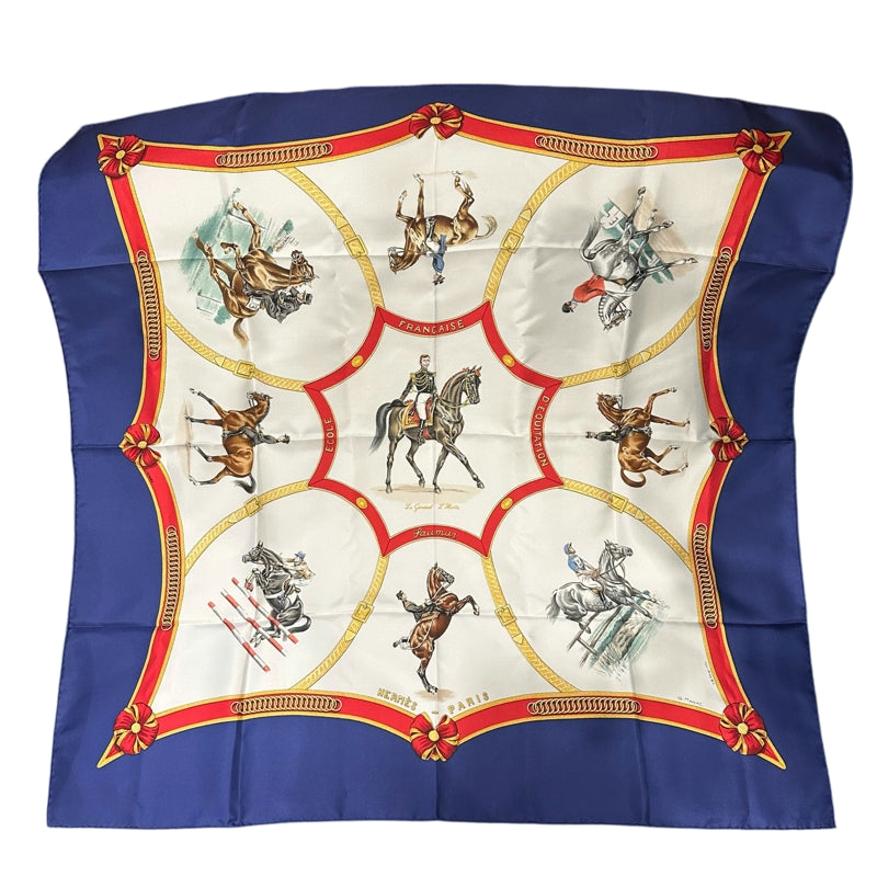 HERMES silk scarf, equestrian pattern, blue, with box and tag