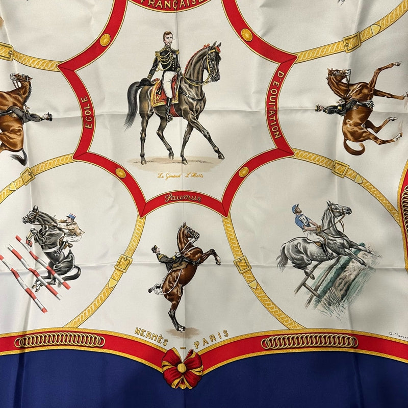 HERMES silk scarf, equestrian pattern, blue, with box and tag