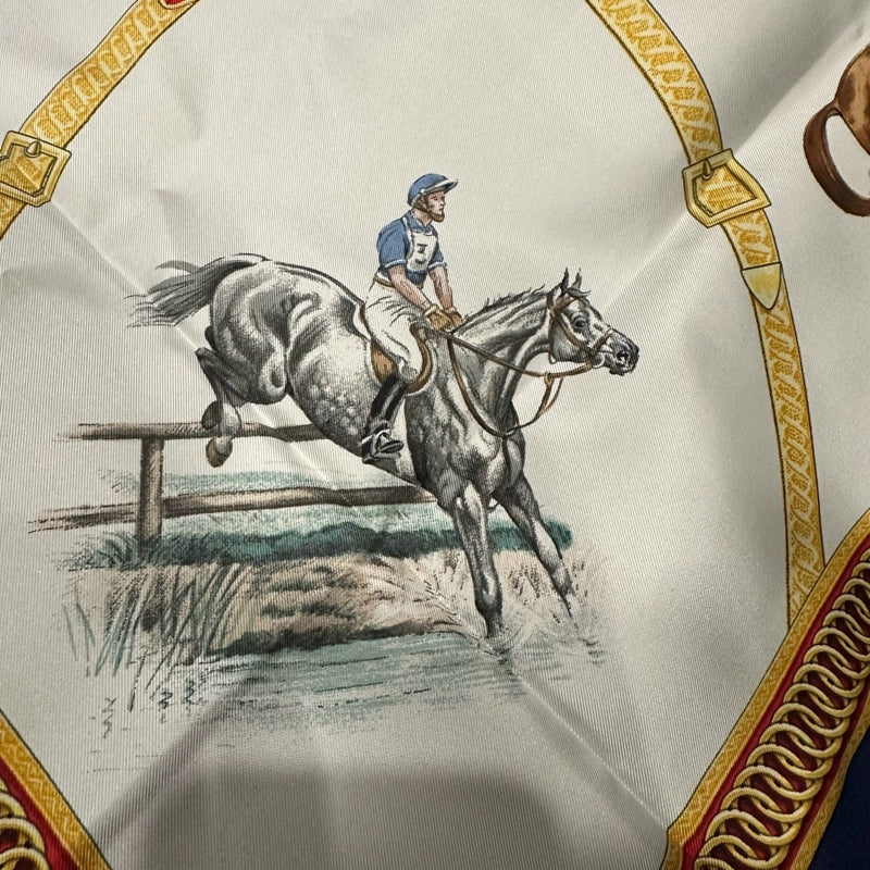 HERMES silk scarf, equestrian pattern, blue, with box and tag