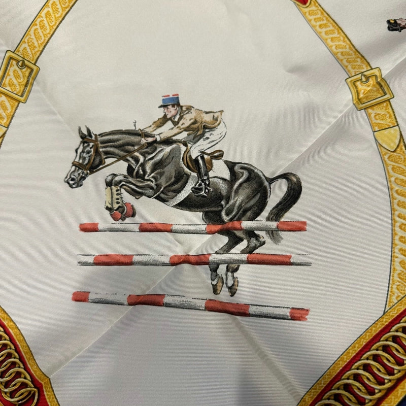 HERMES silk scarf, equestrian pattern, blue, with box and tag
