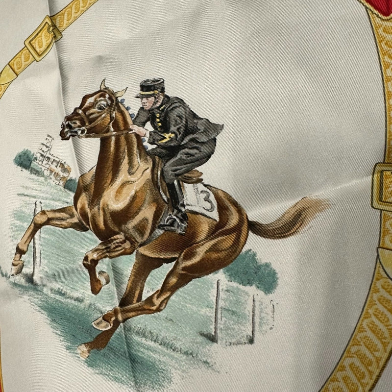 HERMES silk scarf, equestrian pattern, blue, with box and tag