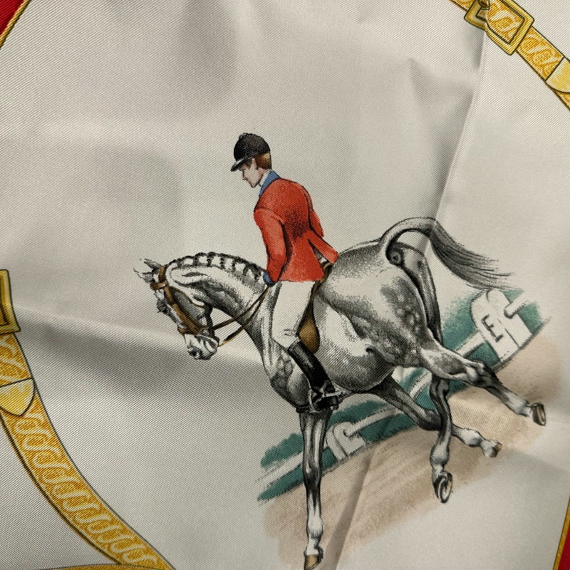 HERMES silk scarf, equestrian pattern, blue, with box and tag