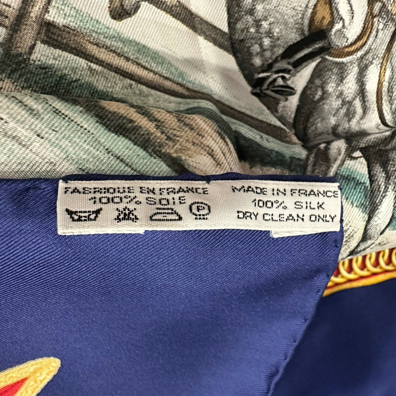 HERMES silk scarf, equestrian pattern, blue, with box and tag