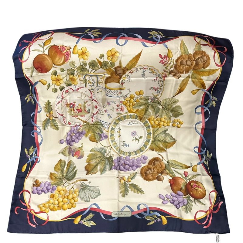 FERRAGAMO navy blue fruit pattern scarf
