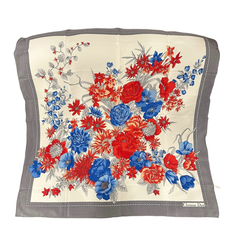 DIOR Scarf, Blue Gray with Blue & Red Floral Pattern, with Tag