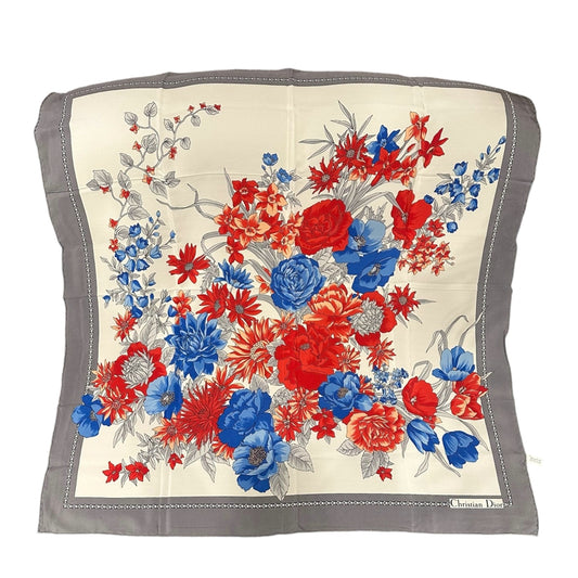 DIOR Scarf, Blue Gray with Blue & Red Floral Pattern, with Tag