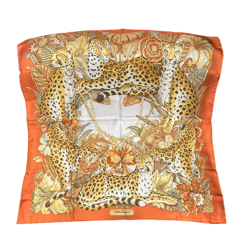 FERRAGAMO orange floral leaf leopard large scarf