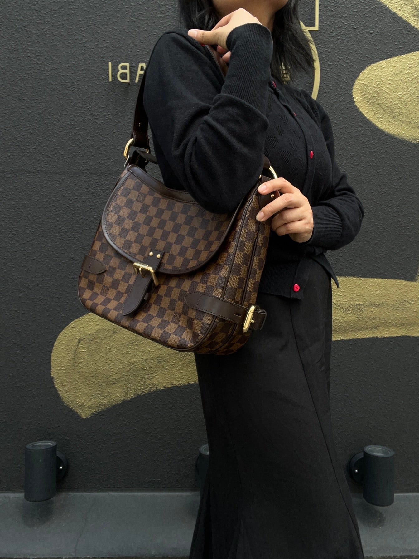 LOUIS VUITTON Hyverley Damier Ebene Canvas Handbag with Gold Hardware