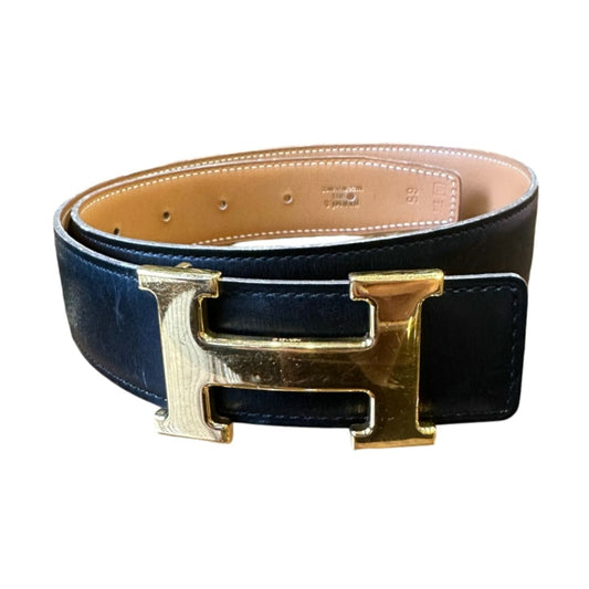 HERMES H Belt □A, Brown / Black, Gold Hardware, Black Calfskin Leather, with box, Rank B