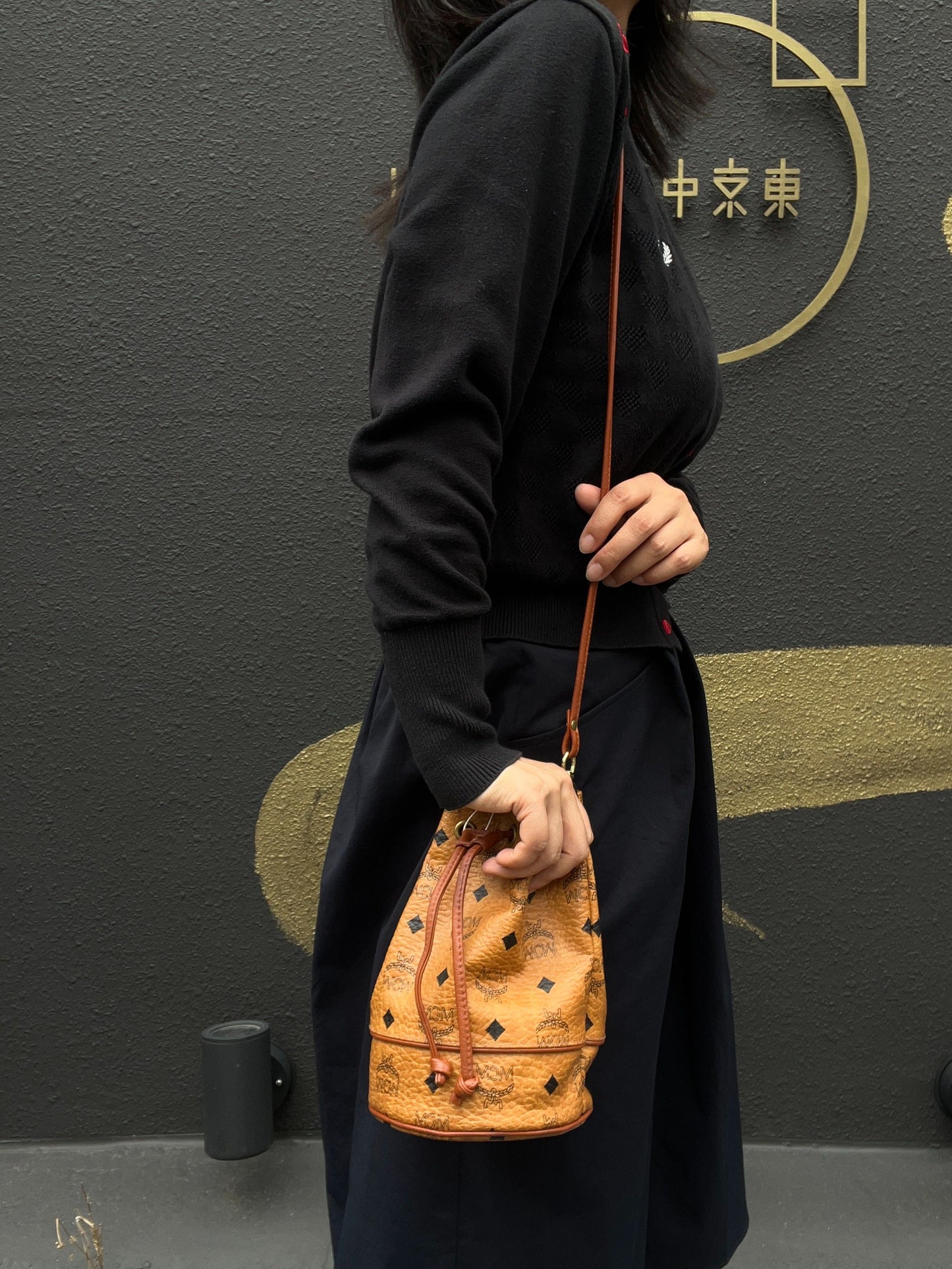 MCM Visetos Drawstring Bucket Shoulder Bag