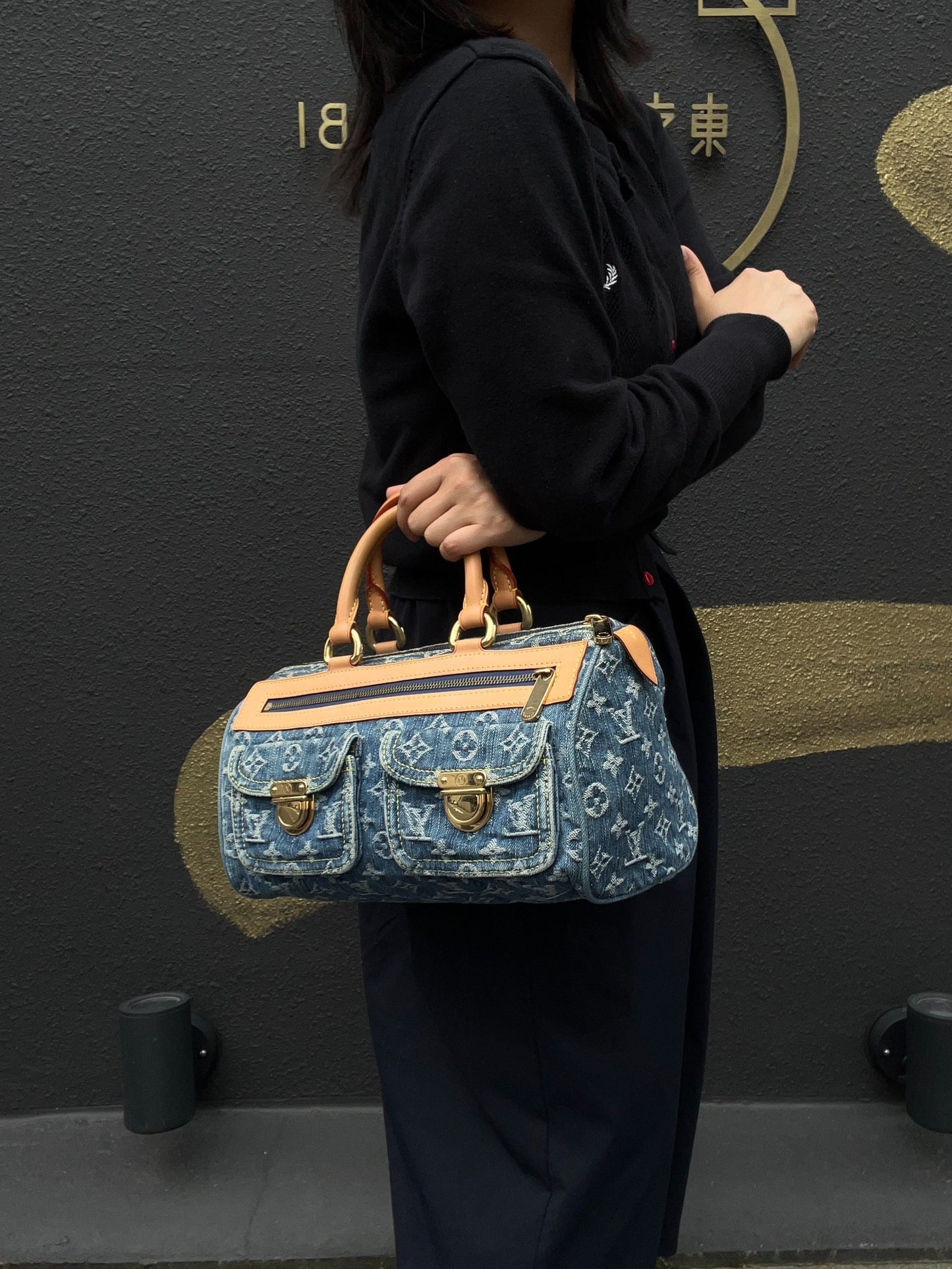 Louis Vuitton Monogram Denim Neo Speedy Blue Handbag with Gold Hardware