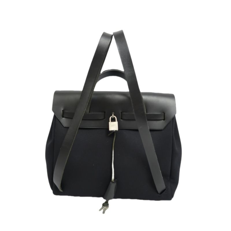 Hermes Ale Bag Ad PM 2-in-1 Canvas Backpack/Handbag Black with Silver Hardware Full Set (Padlock, Strap, 2 Keys, Clochette & Dust Bag)