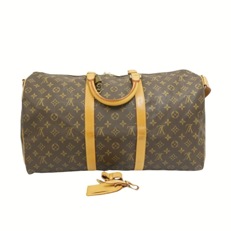LOUIS VUITTON Keepall Bandoulière 50 Boston Bag, Monogram Coated Canvas, With Cadena·Strap·2 Keys·Name Tag·Pochette