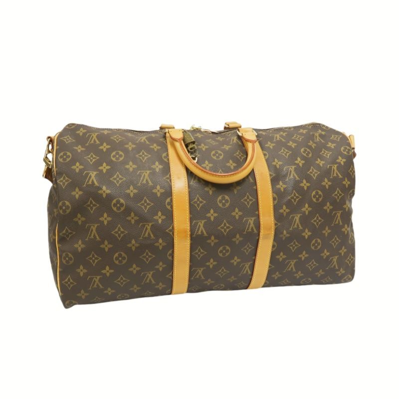 LOUIS VUITTON Keepall Bandoulière 50 Boston Bag, Monogram Coated Canvas, With Cadena·Strap·2 Keys·Name Tag·Pochette