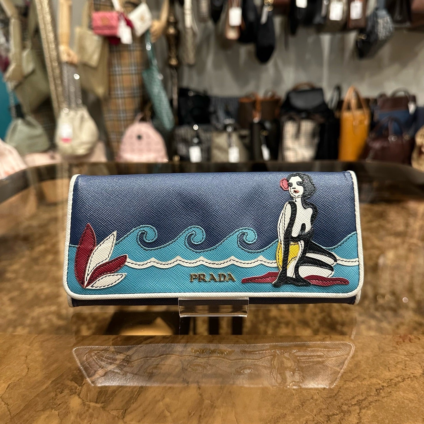 PRADA Women's Wallet, Hawaiian Line, Saffiano PVC, Blue, Includes Guarantee Card, Box & Tissue Paper