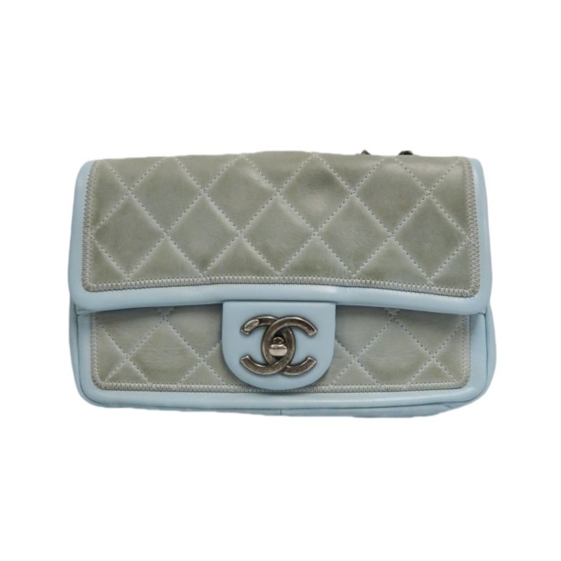 CHANEL Classic Flap Shoulder Bag Lambskin Blue Silver Hardware