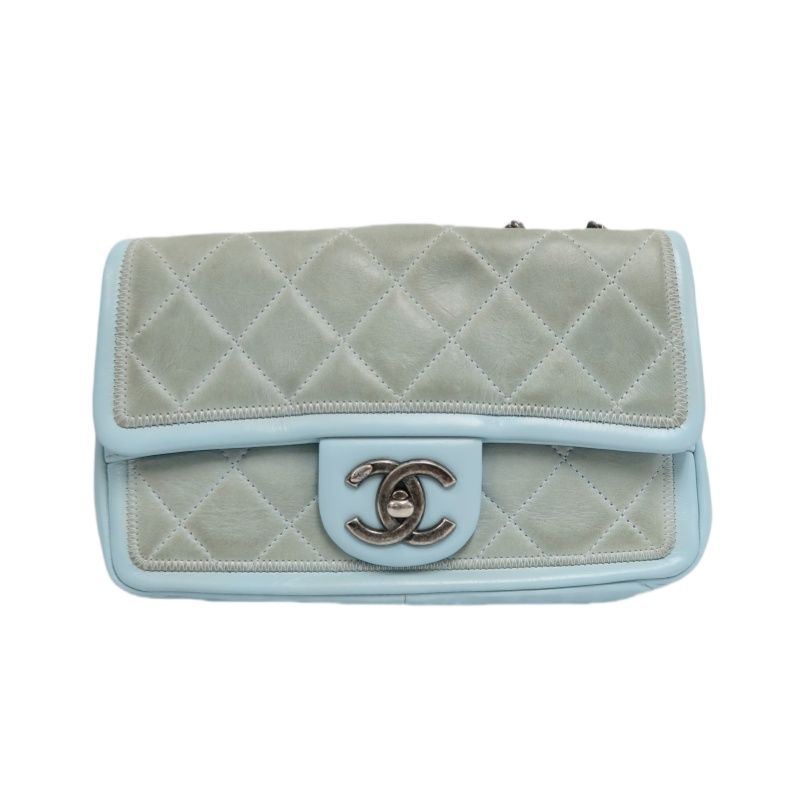 CHANEL Classic Flap Shoulder Bag Lambskin Blue Silver Hardware