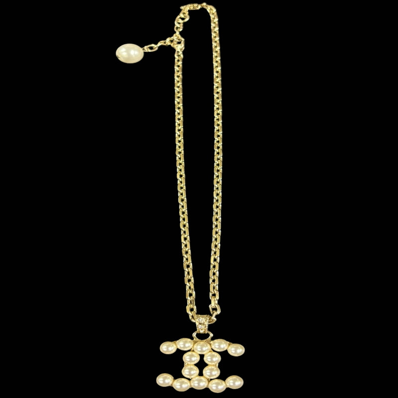 CHANEL Gold Alloy Faux Pearl Logo Necklace With Gold Hardware & Box