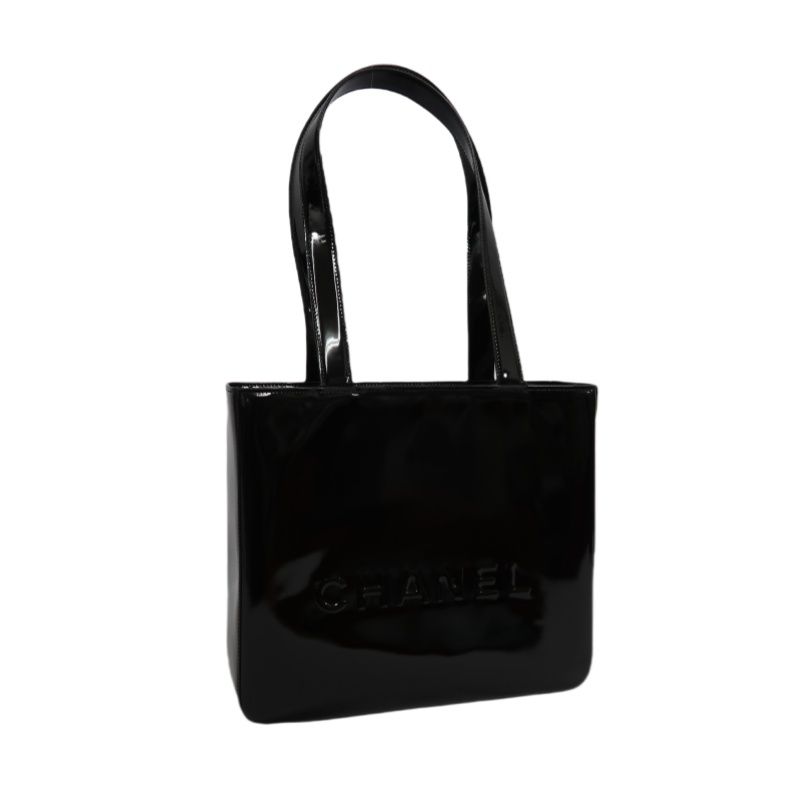 CHANEL Handbag, Patent Leather, Logo Embellished, Black, With Dust Bag