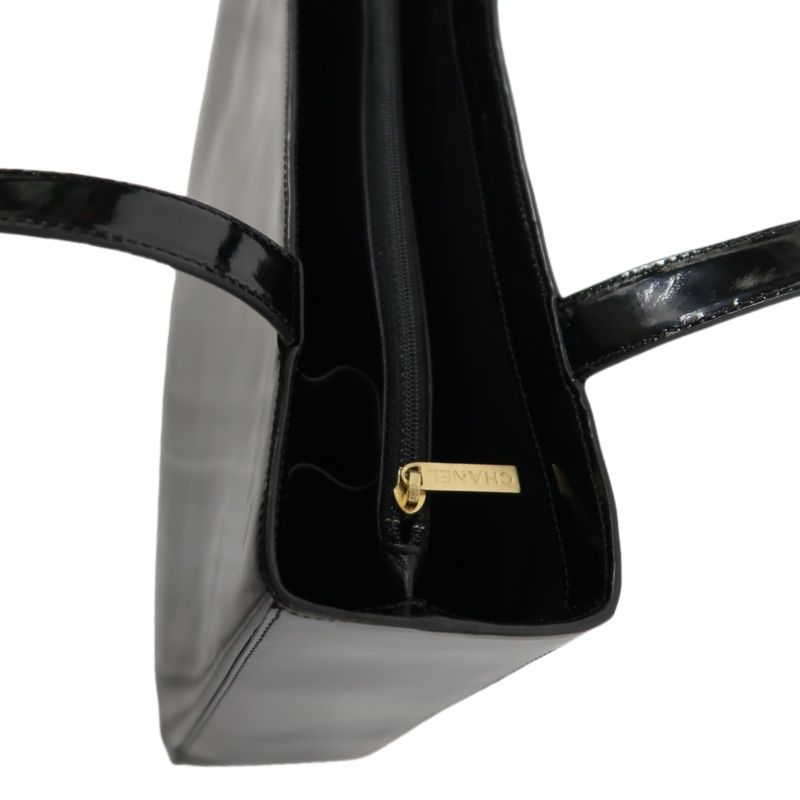 CHANEL Handbag, Patent Leather, Logo Embellished, Black, With Dust Bag