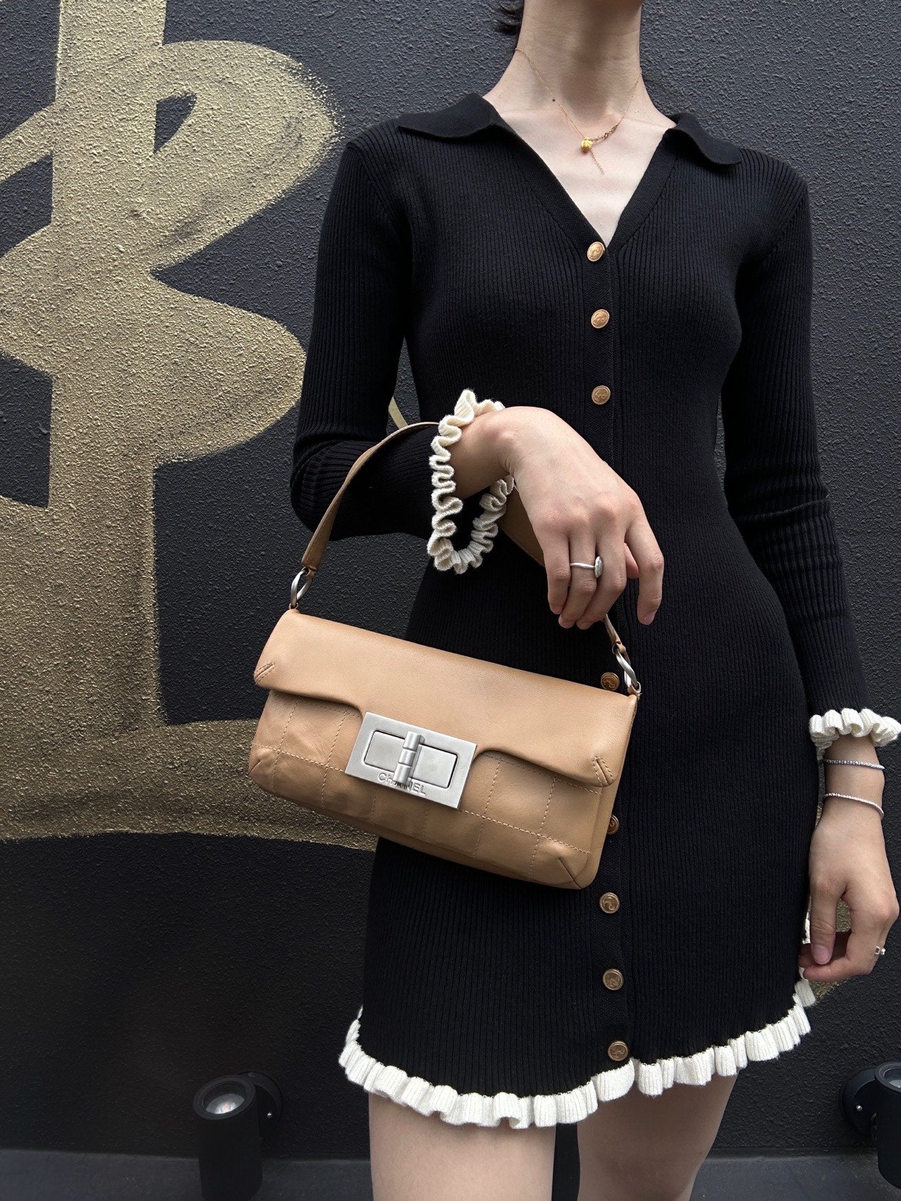 CHANEL Beige Lambskin 2.55 Chocolate Bar Shoulder Bag | Silver Hardware