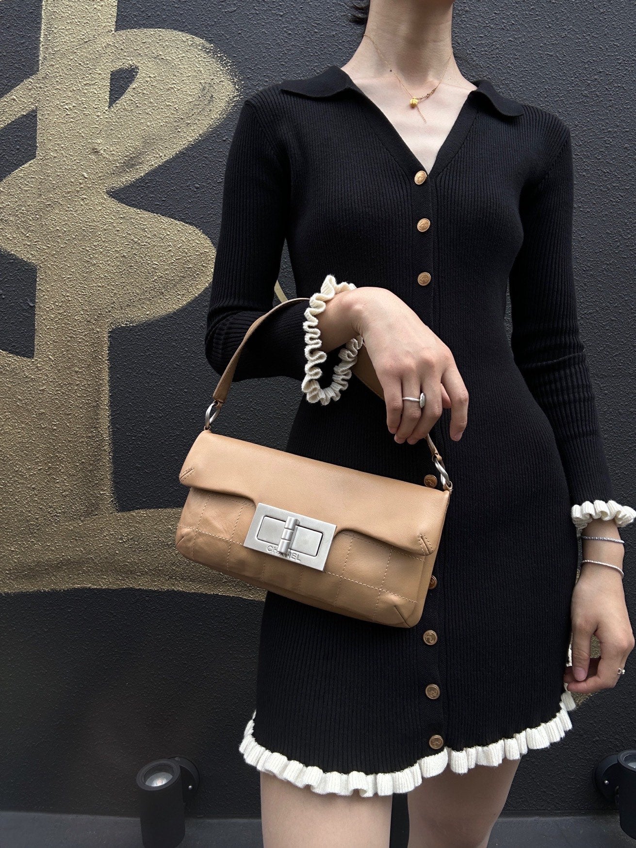 CHANEL Beige Lambskin 2.55 Chocolate Bar Shoulder Bag | Silver Hardware