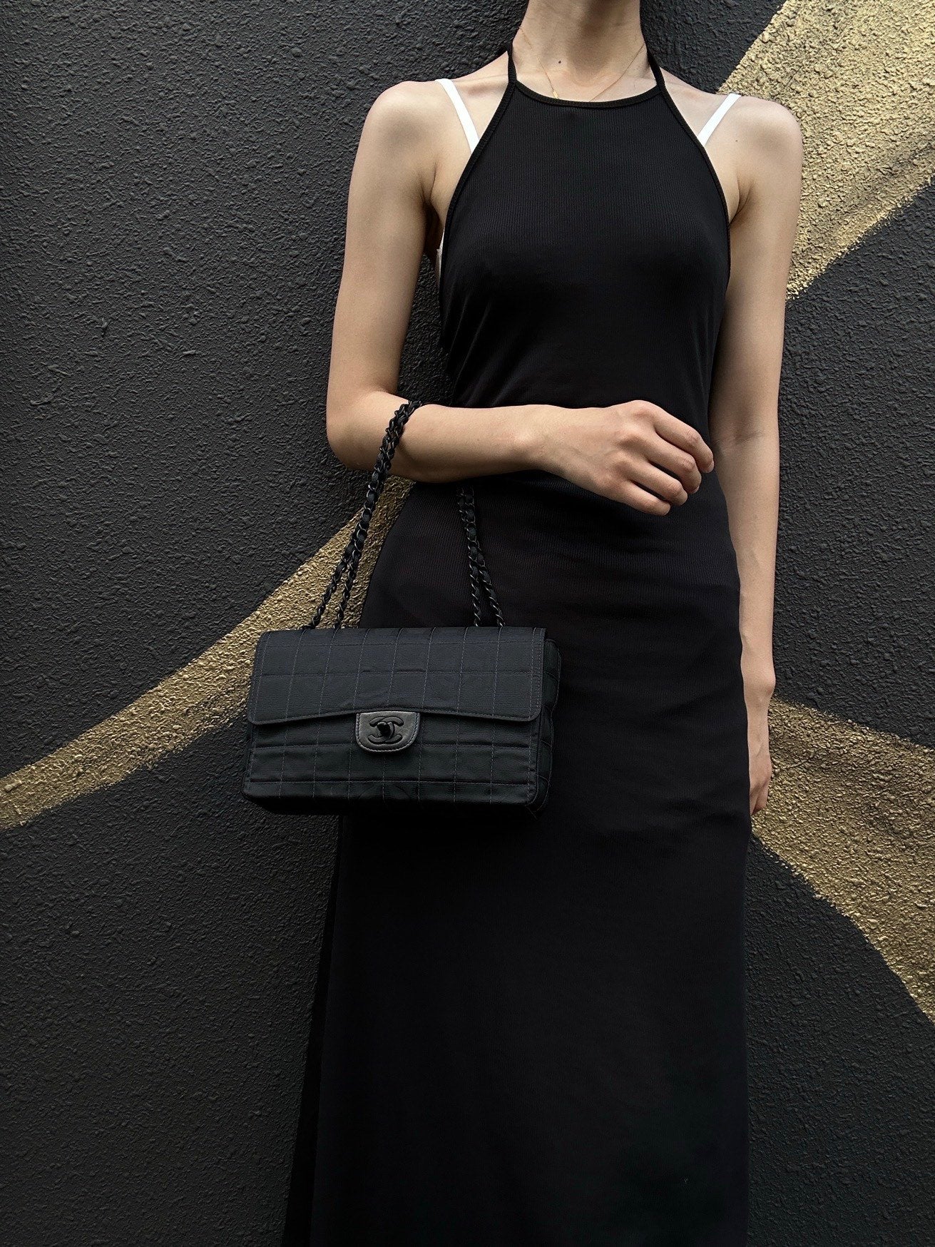 CHANEL New Travel Chocolate Bar Matelasse Chain Shoulder Bag, Black, with Authenticity Card; CHANEL Black Canvas Ice Grid Classic Flap (CF) Shoulder Bag