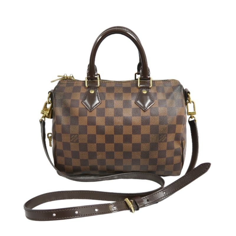 LOUIS VUITTON Speedy Bandoulière 25 Handbag, Damier Coated Canvas, Brown, With Cadena·2 Keys·Shoulder Strap
