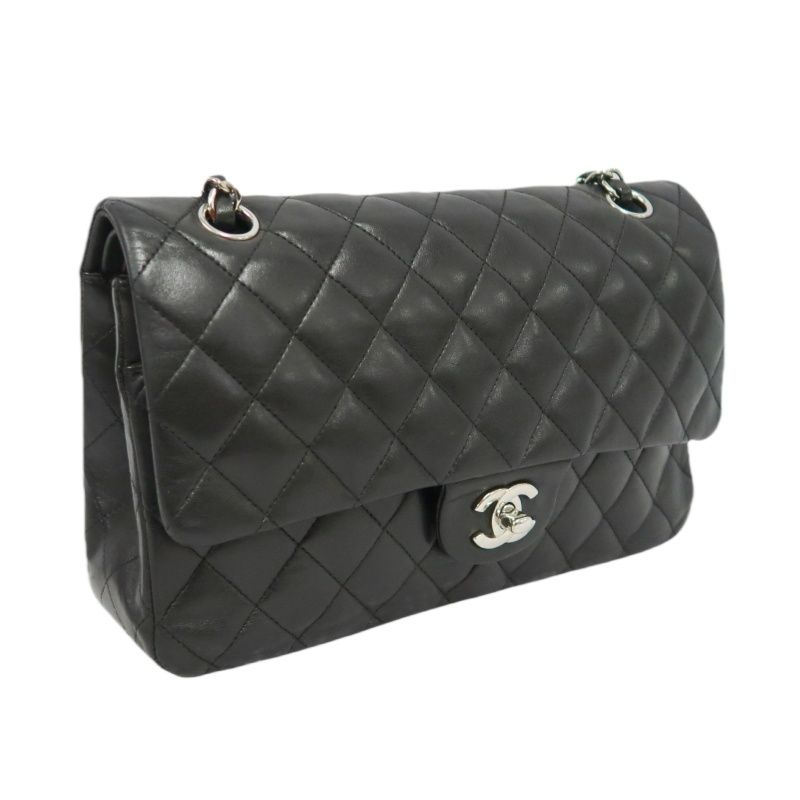 CHANEL Classic Flap (CF) Shoulder Bag, Black Lambskin with Silver-tone Hardware