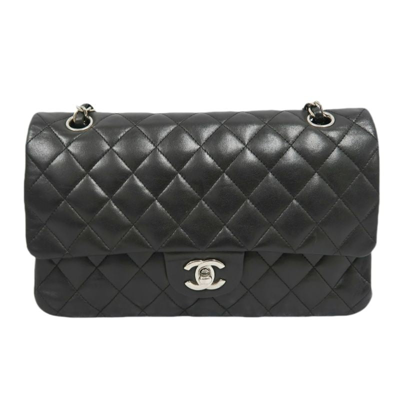 CHANEL Classic Flap (CF) Shoulder Bag, Black Lambskin with Silver-tone Hardware