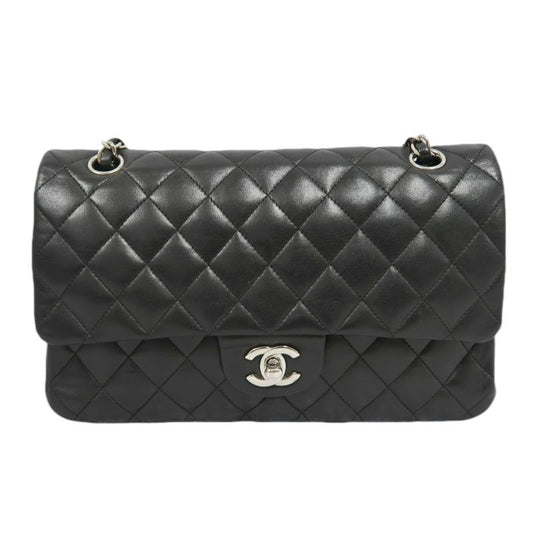 CHANEL Classic Flap (CF) Shoulder Bag, Black Lambskin with Silver-tone Hardware