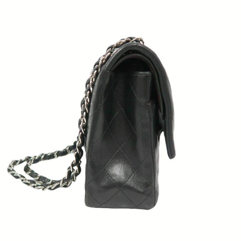 CHANEL Classic Flap (CF) Shoulder Bag, Black Lambskin with Silver-tone Hardware