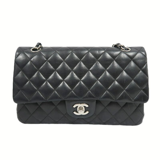 CHANEL Classic Flap (CF) Shoulder Bag, Black Lambskin with Silver-tone Hardware, Authenticity Card Included