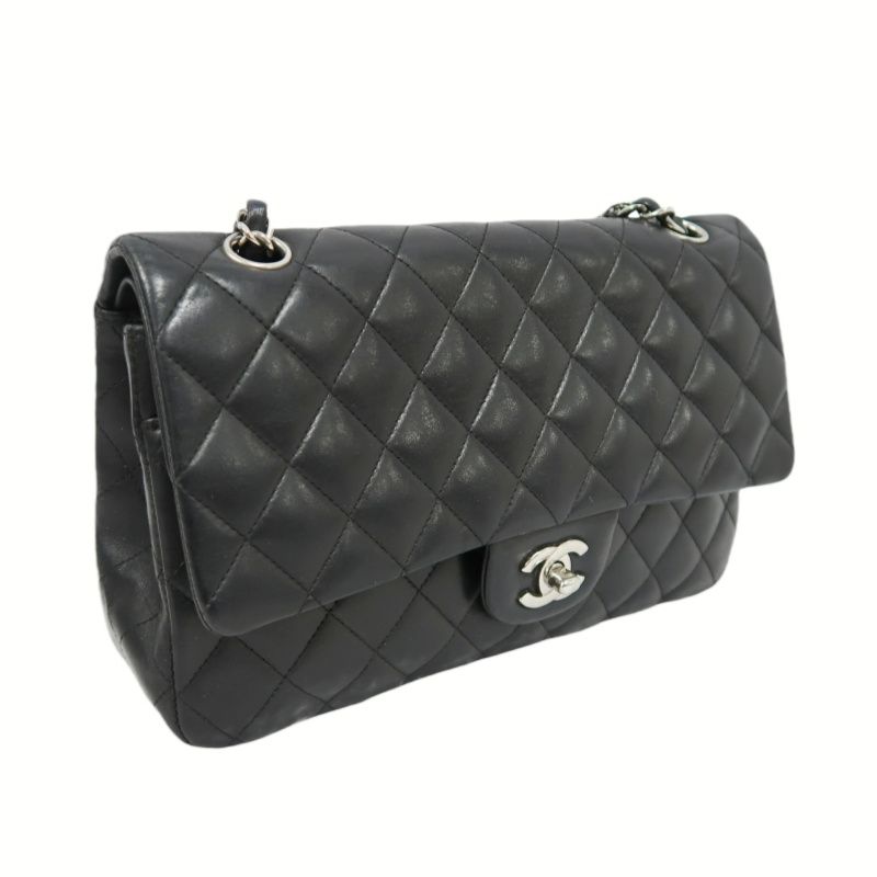 CHANEL Classic Flap (CF) Shoulder Bag, Black Lambskin with Silver-tone Hardware, Authenticity Card Included