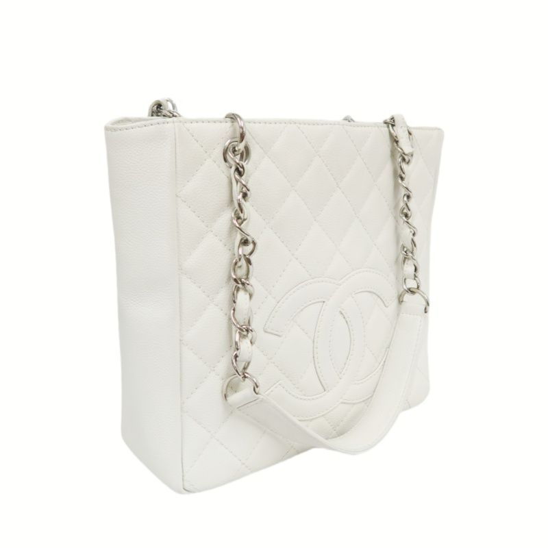 CHANEL PST Quilted Tote Bag, White Caviar Leather with Silver-tone Hardware