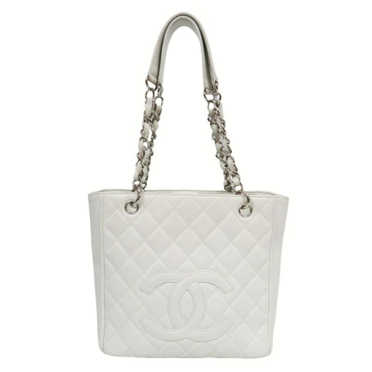 CHANEL PST Quilted Tote Bag, White Caviar Leather with Silver-tone Hardware