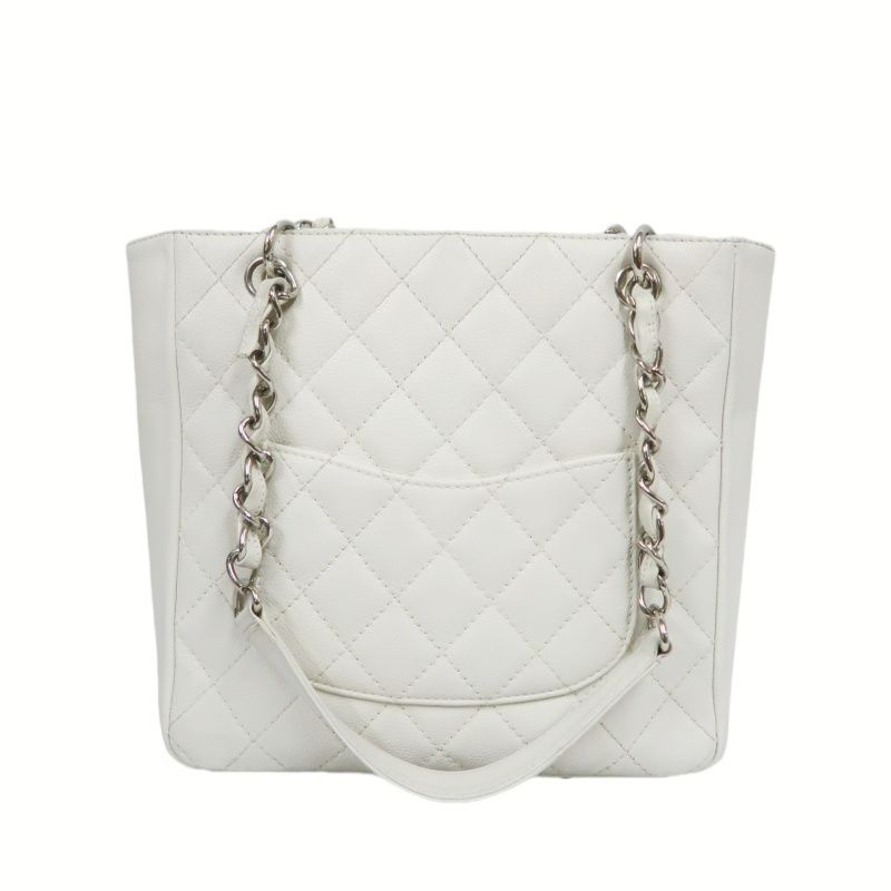 CHANEL PST Quilted Tote Bag, White Caviar Leather with Silver-tone Hardware