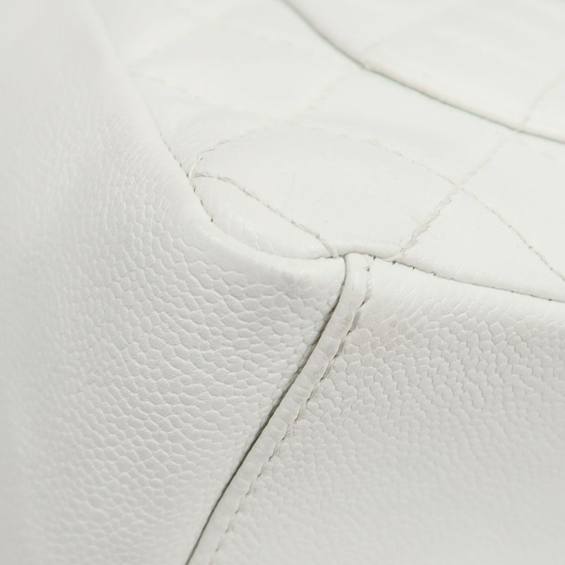 CHANEL PST Quilted Tote Bag, White Caviar Leather with Silver-tone Hardware