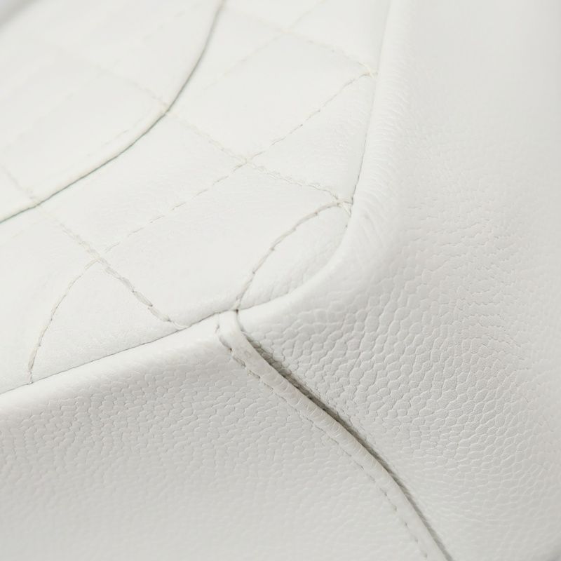 CHANEL PST Quilted Tote Bag, White Caviar Leather with Silver-tone Hardware