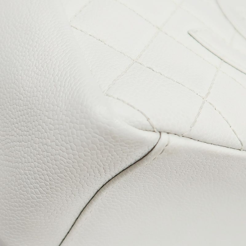 CHANEL PST Quilted Tote Bag, White Caviar Leather with Silver-tone Hardware
