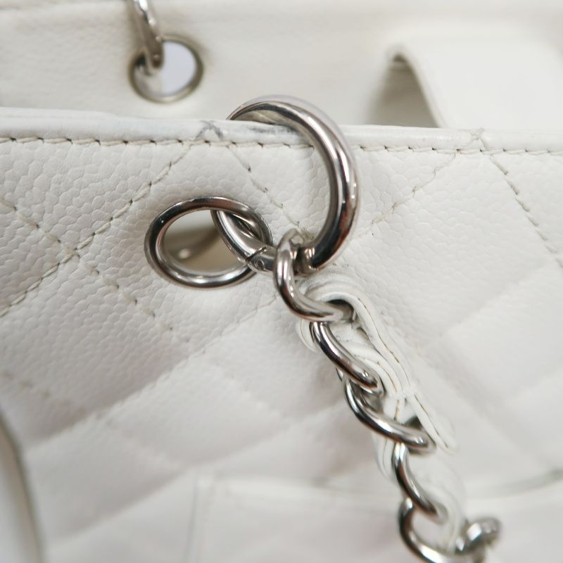 CHANEL PST Quilted Tote Bag, White Caviar Leather with Silver-tone Hardware